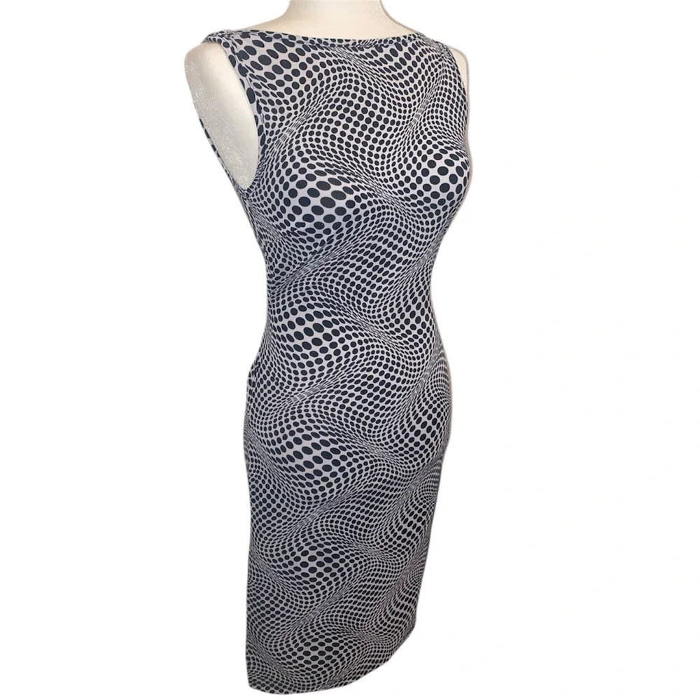 Vtg XXI Sleeveless Black and White Swirl Sheath Dress - Picture 2 of 9